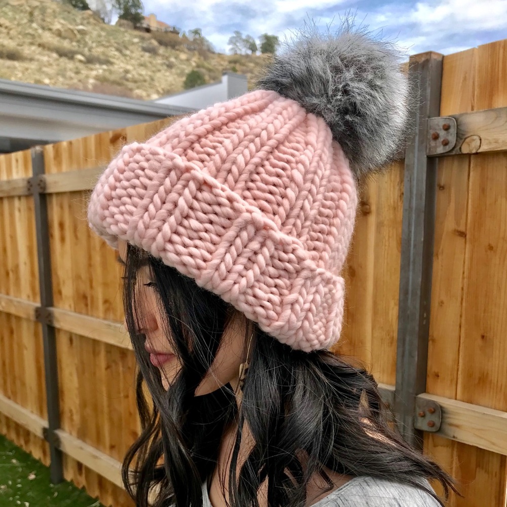 Handmade Chunky Knit Wool Beanie & Faux Fur Pompom